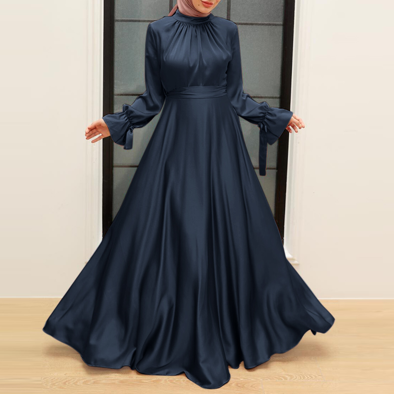 Women Silky Satin Muslim KAftan Abaya Long Sleeve Round Neck Long Maxi Dress NEW - Picture 16 of 16