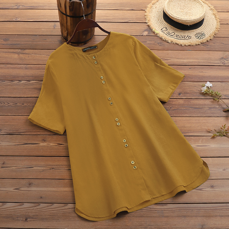 ZANZEA Womens Short Sleeve Button Down Shirts Plain OL Office Business Tops Tee - Picture 12 of 14