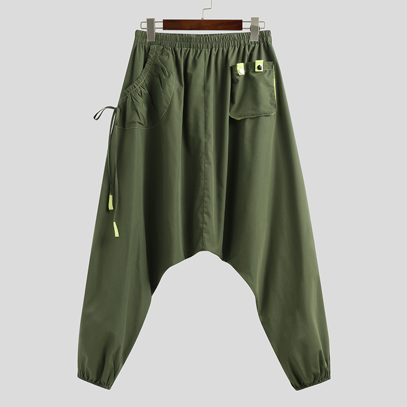 Mens Casual Loose Harem Pant Elastic Waist Beach Drop Crotch Hakama Trousers US