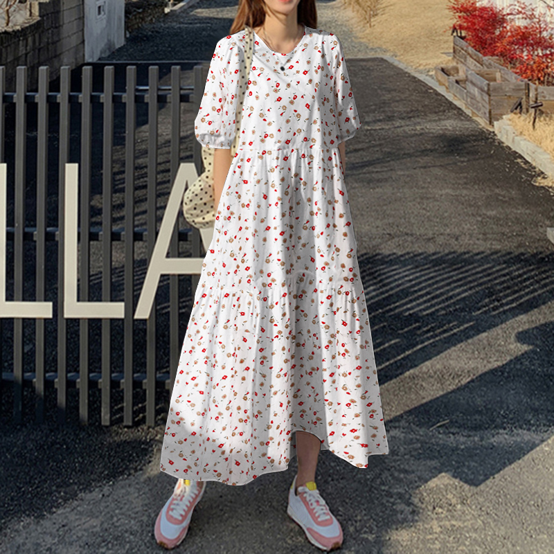 Maxi Vestido Floral Para Mujer Línea A Largo Maxi Vestido Abullonado Manga Corta Solero Plus - Imagen 14 de 15