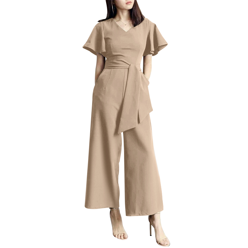 Women Jumpsuit V Neck Short Sleeve Playsuit Wide Leg Pants Overalls Dungaree NEW - Picture 13 of 14