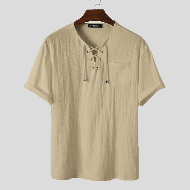 Camisas con cordones de lino de algodón de manga corta para hombres hippie suelto de playa de yoga camisa - Imagen 15 de 15