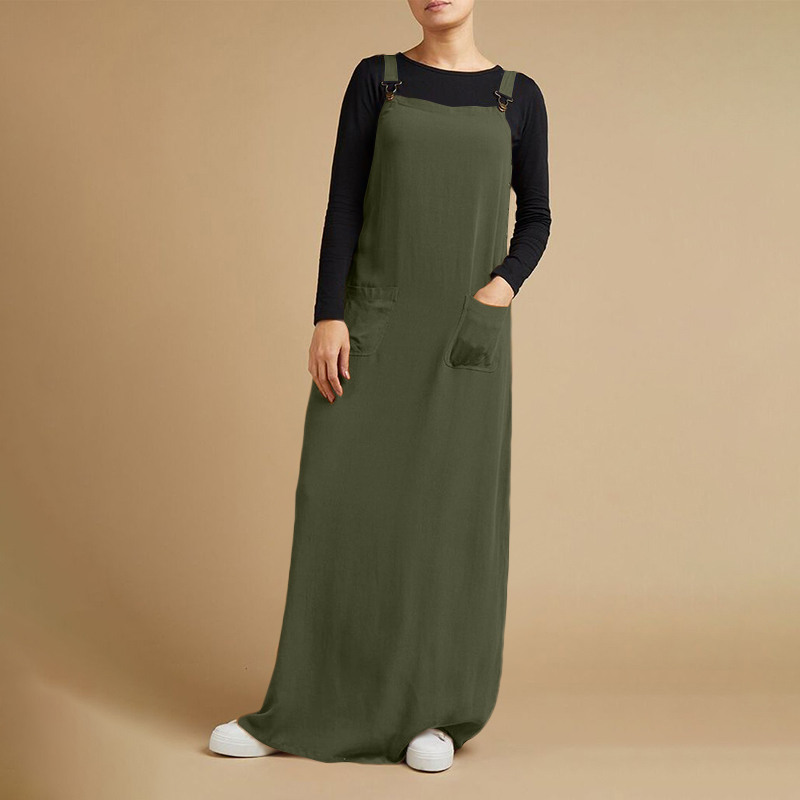 Women Strappy Pinafores Bib Overalls Solid Loose Casual Vintage Long Maxi Dress - Picture 14 of 14