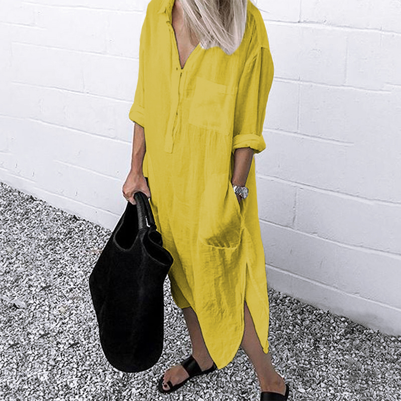 Otoño Mujeres Cuello Botones Vestido Damas Oficina Negocios Largo Maxi Camisa Vestido - Imagen 11 de 12