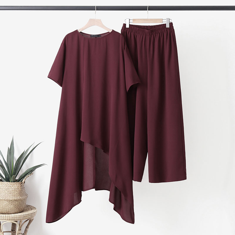 ZANZEA UK Mujer Asimétrico Suelto Manga Corta Camiseta Larga Pierna Ancha Pantalones Conjunto de Traje - Imagen 14 de 16