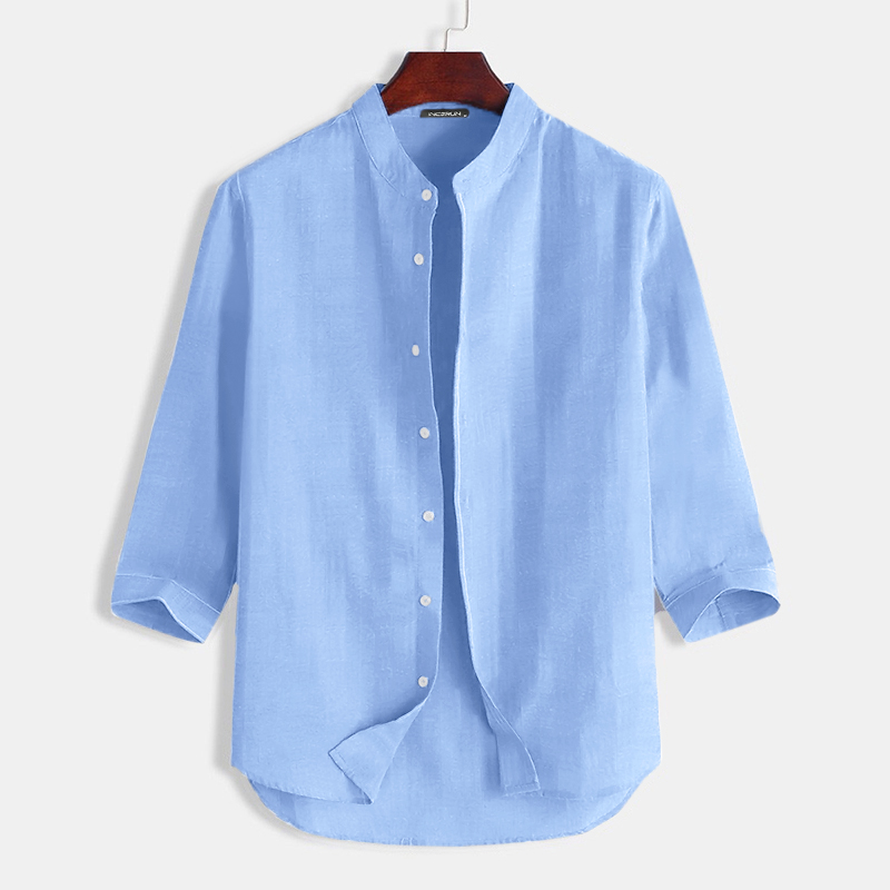 Mens collarless clearance button up shirt