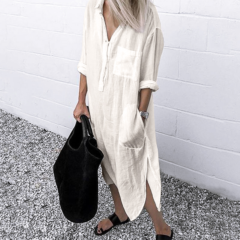 Otoño Mujeres Cuello Botones Vestido Damas Oficina Negocios Largo Maxi Camisa Vestido - Imagen 12 de 12
