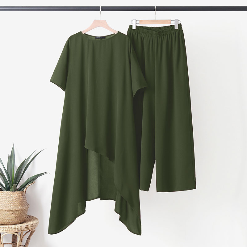 ZANZEA UK Mujer Asimétrico Suelto Manga Corta Camiseta Larga Pierna Ancha Pantalones Conjunto de Traje - Imagen 15 de 16
