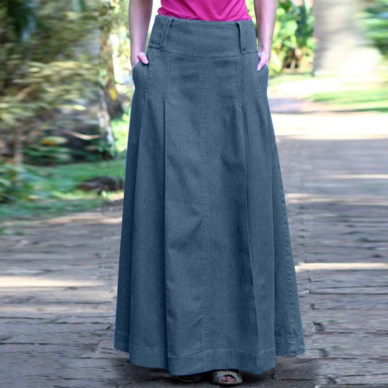 Winter Womens High Waist Denim Jeans Long Skirt Pleated Flared Skirts Dress Plus