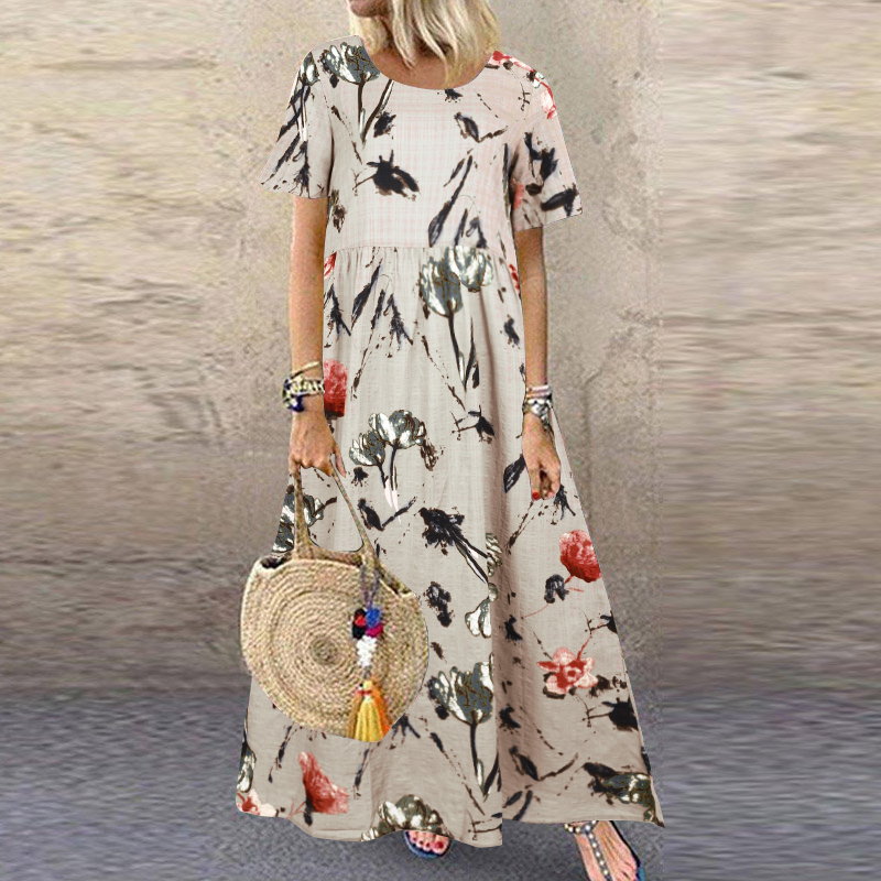 UK Womens Summer Short Sleeve Floral Printed Dress Party Gown Prom Long Dresses