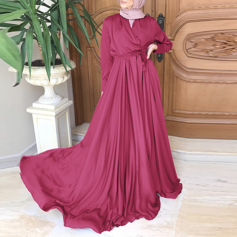 ZANZEA Women Satin Silky Muslim Kaftan Long Sleeve Gown Evening Long Maxi Dress