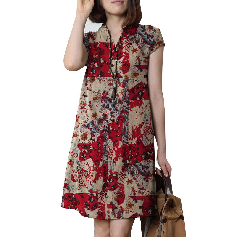 Mujeres Cuello en V Informal Estampado Mini Vestido Verano Manga Corta Suelto Bohemia Vestidos - Imagen 11 de 13