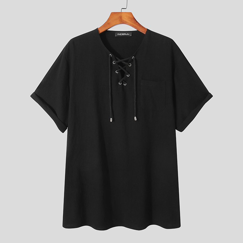 Camisas con cordones de lino de algodón de manga corta para hombres hippie suelto de playa de yoga camisa - Imagen 13 de 15