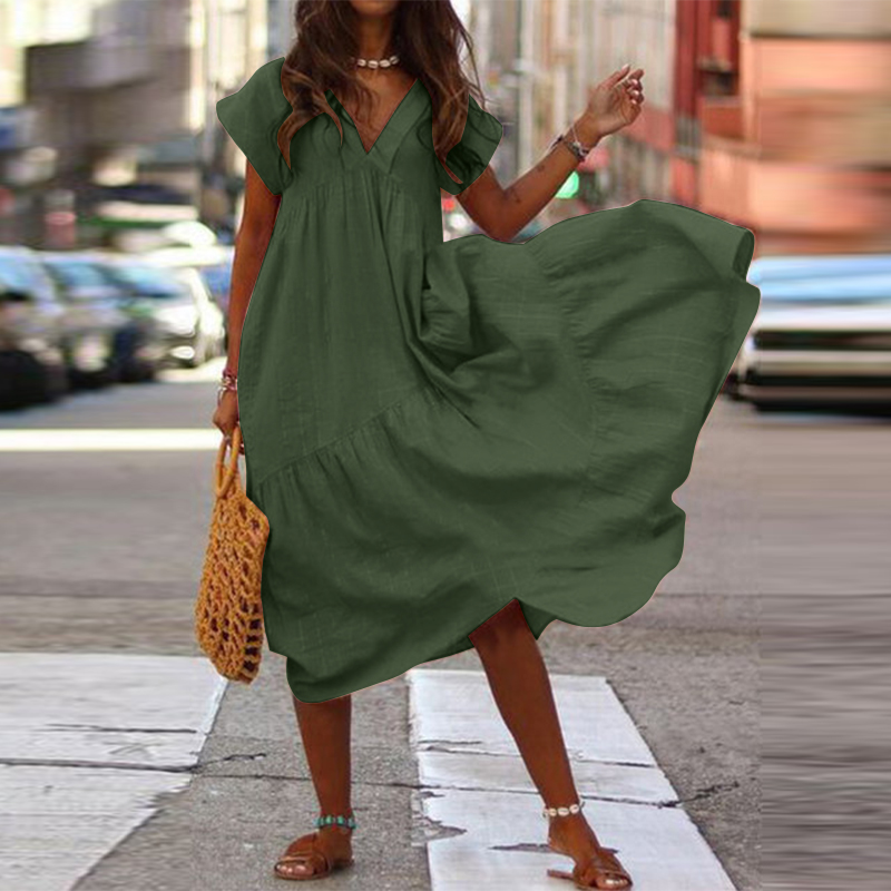 Maxi Vestido Largo de Gran Tamaño para Mujeres Mangas Cortas Cuello en V Largo Vestido de Vacaciones Liso Largo - Imagen 14 de 16