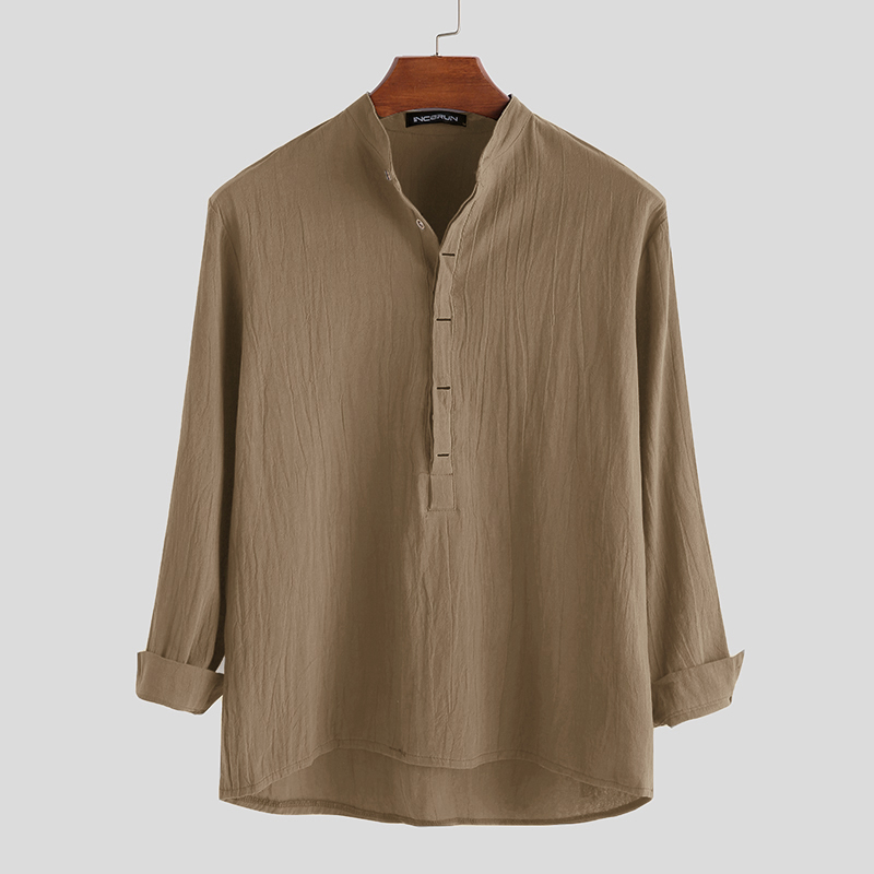 US STOCK Men's Long Sleeve 100%Cotton Solid Shirt Holiday Blouse Henley Tops - Picture 13 of 13