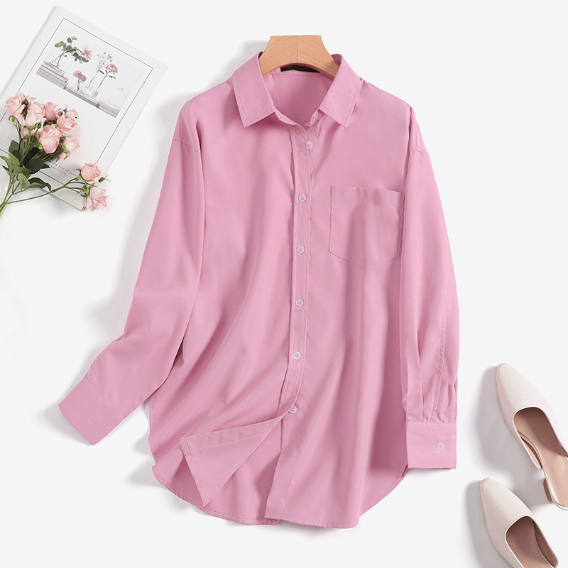 Womens Long Sleeve Plain Lapel Shirts Formal School Business Oversized Tops Tee - Picture 14 of 15