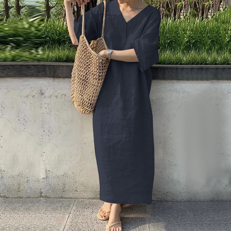 Summer Women V Neck 3/4 Sleeve Long Dress Casual Loose Shirt Dresses Kaftan Plus