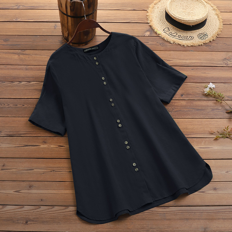 ZANZEA Womens Short Sleeve Button Down Shirts Plain OL Office Business Tops Tee - Picture 13 of 14