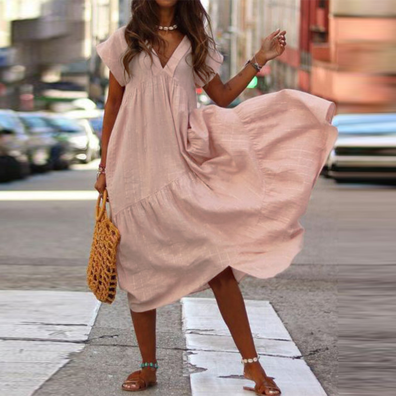 Maxi Vestido Largo de Gran Tamaño para Mujeres Mangas Cortas Cuello en V Largo Vestido de Vacaciones Liso Largo - Imagen 12 de 16