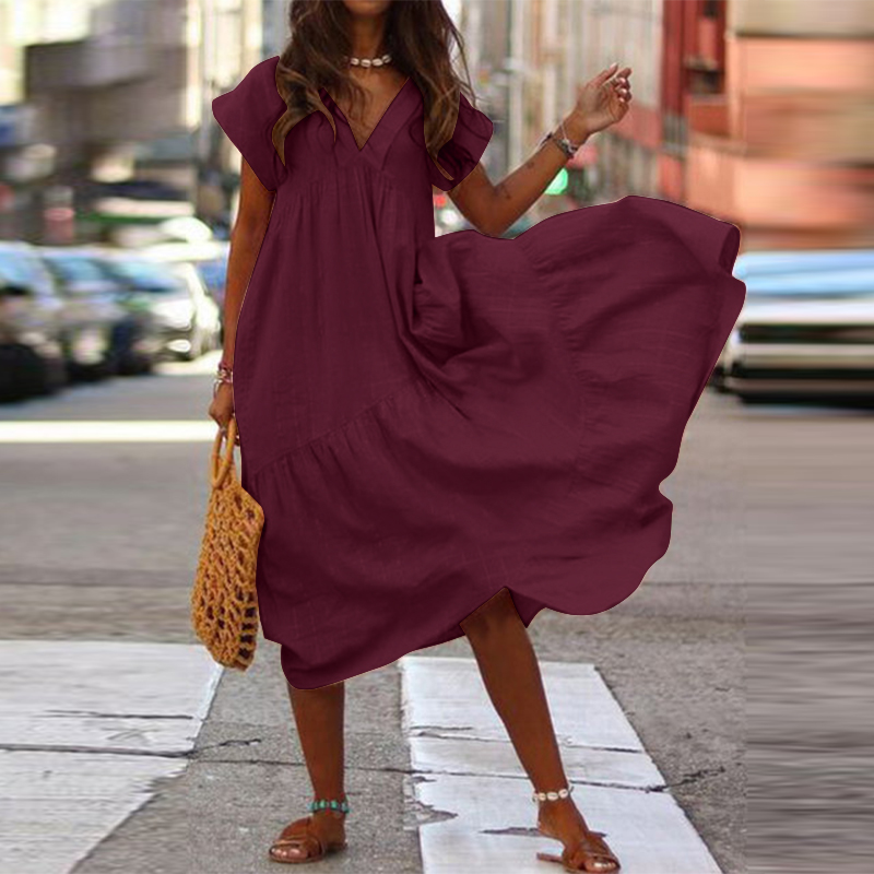 Maxi Vestido Largo de Gran Tamaño para Mujeres Mangas Cortas Cuello en V Largo Vestido de Vacaciones Liso Largo - Imagen 10 de 16
