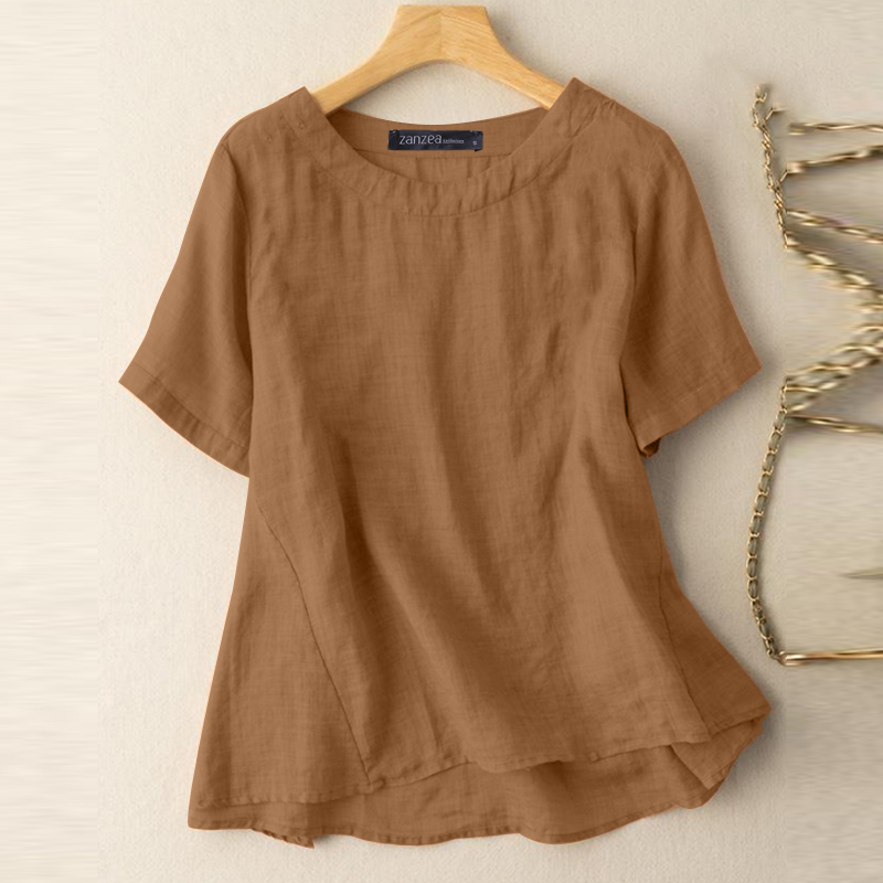 ZANZEA Womens Short Sleeve Cotton Linen Shirts Plain Casual Loose Tops Blouse