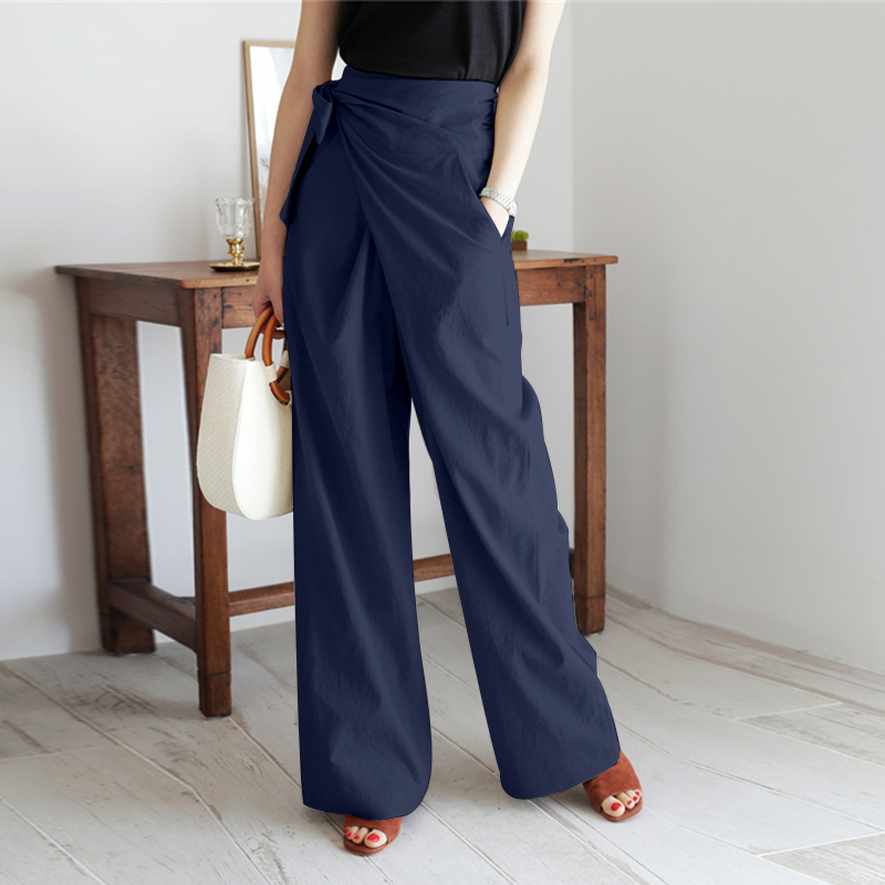 Womens Tip Belted High Waisted Wide Leg Trousers Ladies Baggy Harem Flared Pants - Picture 14 of 17