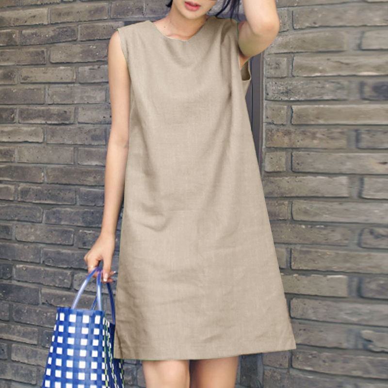 Womens Cotton Linen Sleeveless Mini Shift Dress Summer Beach Solid Sundress PLUS - Picture 16 of 17