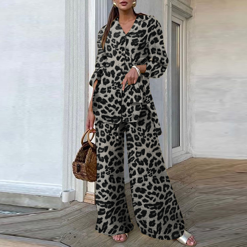 2PCS Women Leopard Printed Long Sleeve Tops Shirt Wide Leg Pants Trousers Suits - Picture 12 of 14