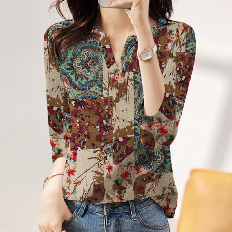 UK 8-24 Womens Printed Long Sleeve V Neck Shirt Ladies Blouse Casual Loose Tops - Picture 21 of 22