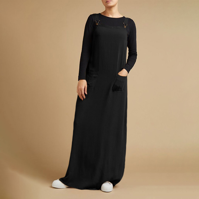 Women Strappy Pinafores Bib Overalls Solid Loose Casual Vintage Long Maxi Dress - Picture 12 of 14